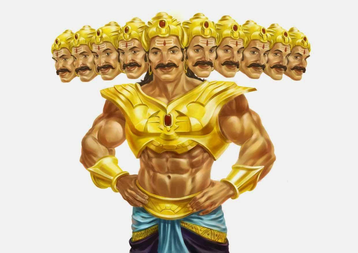 Ravana 桌布 壁紙 — 一位肌肉發達的神祇，擁有十個金色頭顱和華麗盔甲，自信地站在樸素背景前。