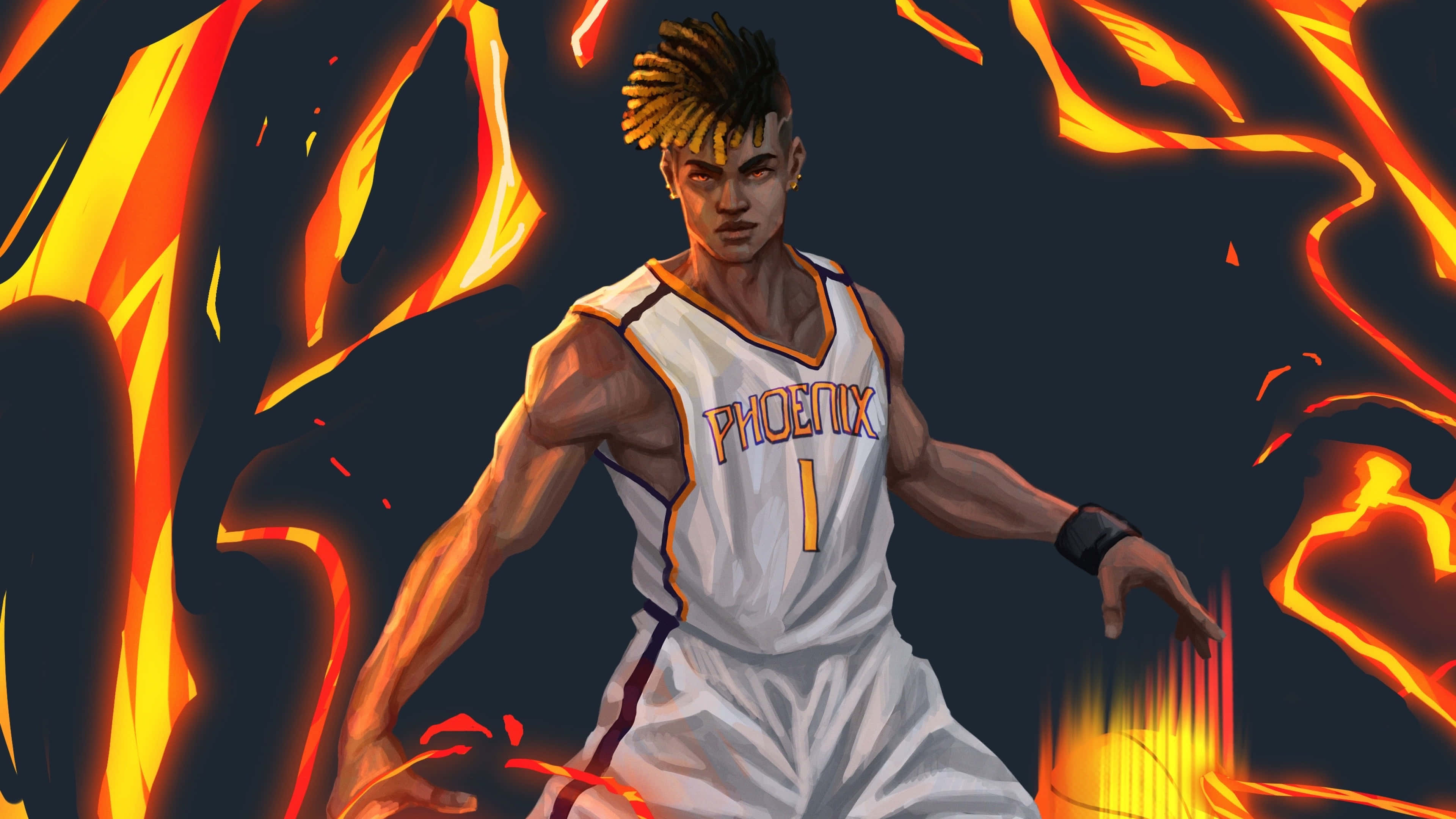 Cartoon NBA Players 桌布 壁紙 — 一位肌肉發達的籃球運動員身穿鳳凰隊球衣，站在黑暗背景中熊熊燃燒的橙色火焰之中。