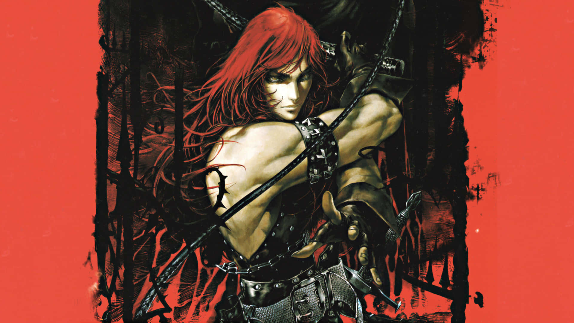 Castlevania 桌布 壁紙 — 一位肌肉發達的紅髮戰士身穿皮甲，在鮮明的紅黑背景下緊握著劍。