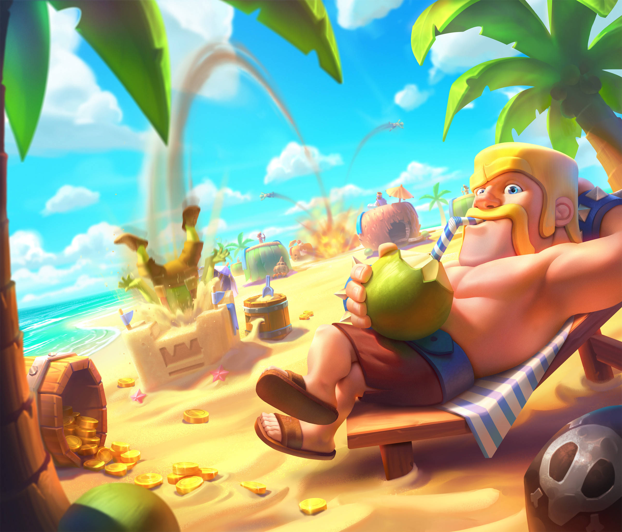 Clash Royale 桌布 壁紙 — 一位肌肉發達的維京戰士躺在沙灘椅上啜飲椰子汁，身後寶箱和棕櫚樹附近發生爆炸。