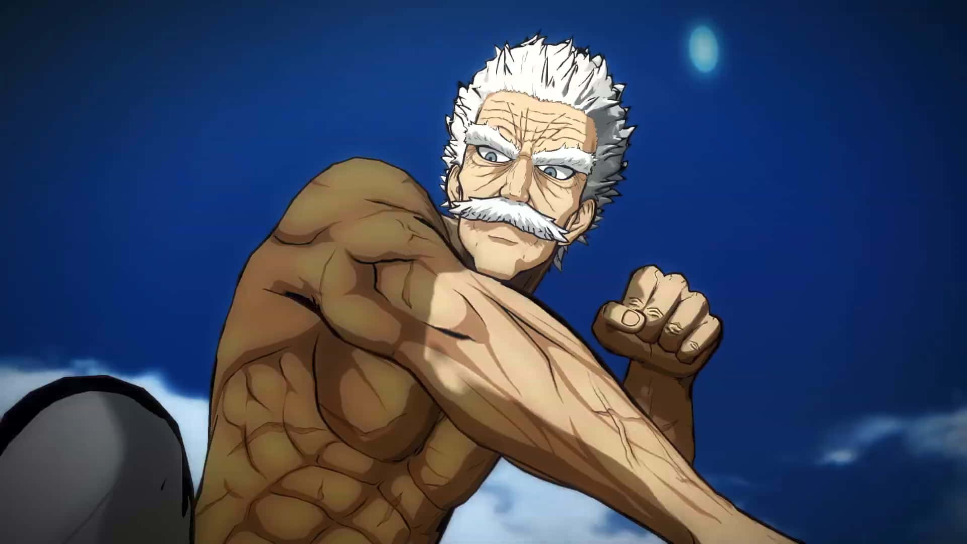 One Punch Man Bang 桌布 壁紙 — 一位肌肉發達的老年動漫男子，白髮和鬍鬚，在深藍色有雲的天空下彎曲手臂。