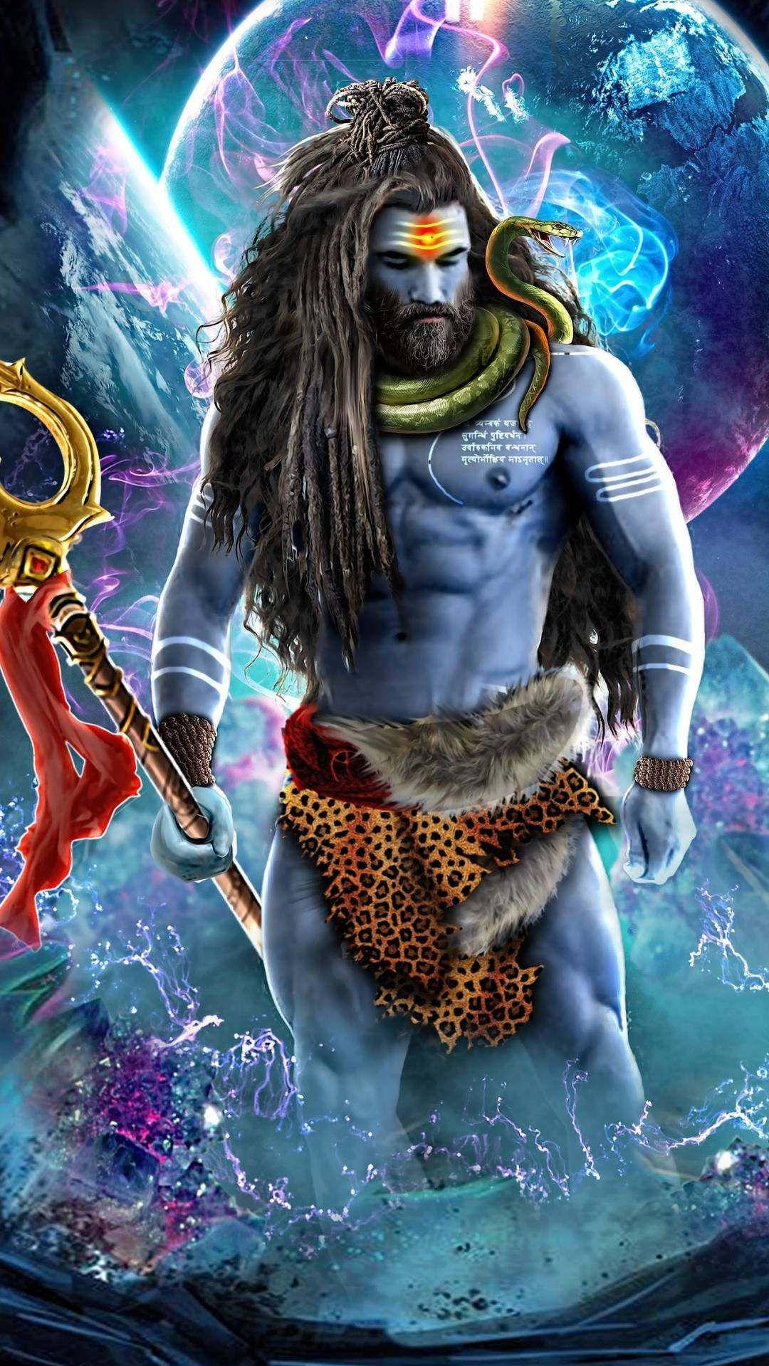 Mahadev 桌布 壁紙 — 一位肌肉發達的藍皮膚神祇，梳著辮子，戴著蛇形項鍊，在充滿發光行星和能量的宇宙背景下強勢站立。