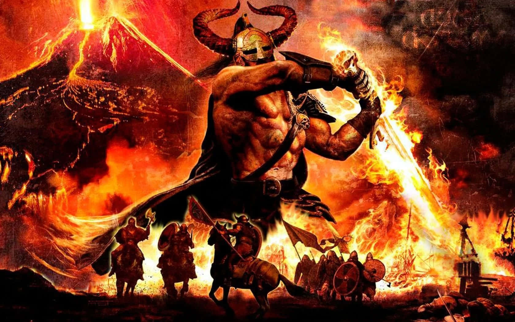 Surtur 桌布 壁紙 — 一位肌肉發達的角鬥士揮舞著火焰劍，他的軍隊在火紅的天空下衝過火山戰場。