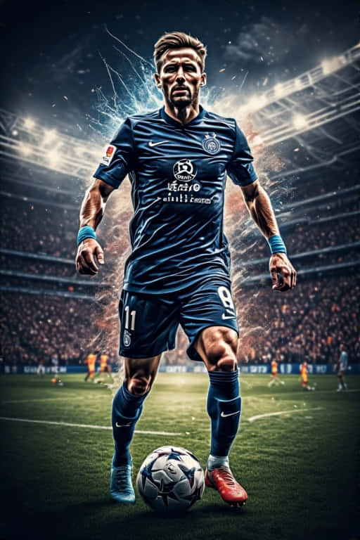 Epic PSG Night Game Player 壁紙 — 一位肌肉發達的足球運動員身穿深藍色球衣，在球場燈光下腳下控球，周圍有電能噼啪作響。