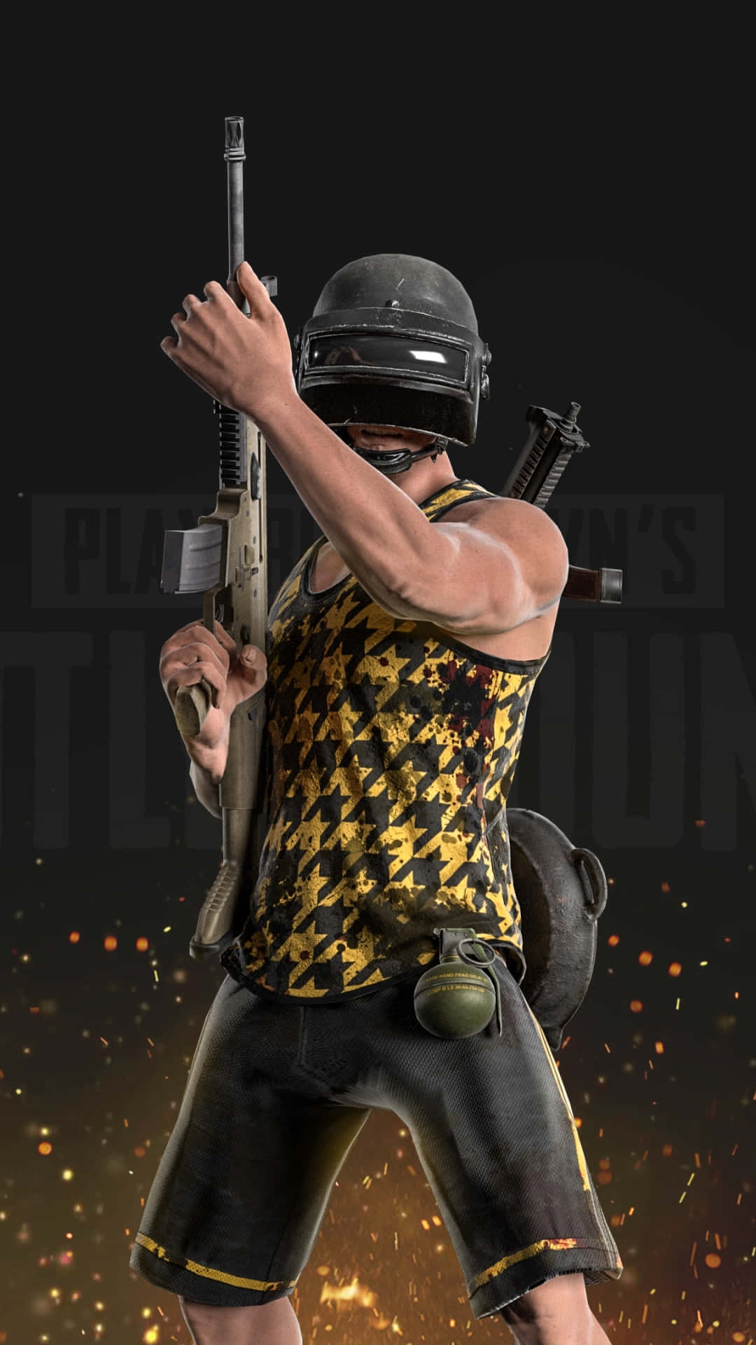 Black And Yellow 桌布 壁紙 — 一位肌肉發達的遊戲玩家，戴著黑色頭盔，穿著黃色千鳥格背心，在黑暗背景中瞄準步槍，火花四濺。