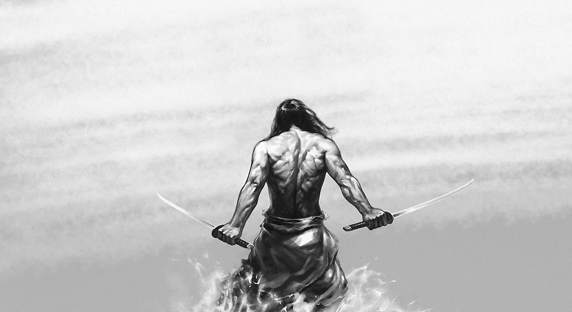 日本武士 桌布 壁紙 — 一位肌肉發達的長髮戰士手持兩把劍涉水而行，凝視著空曠的地平線。