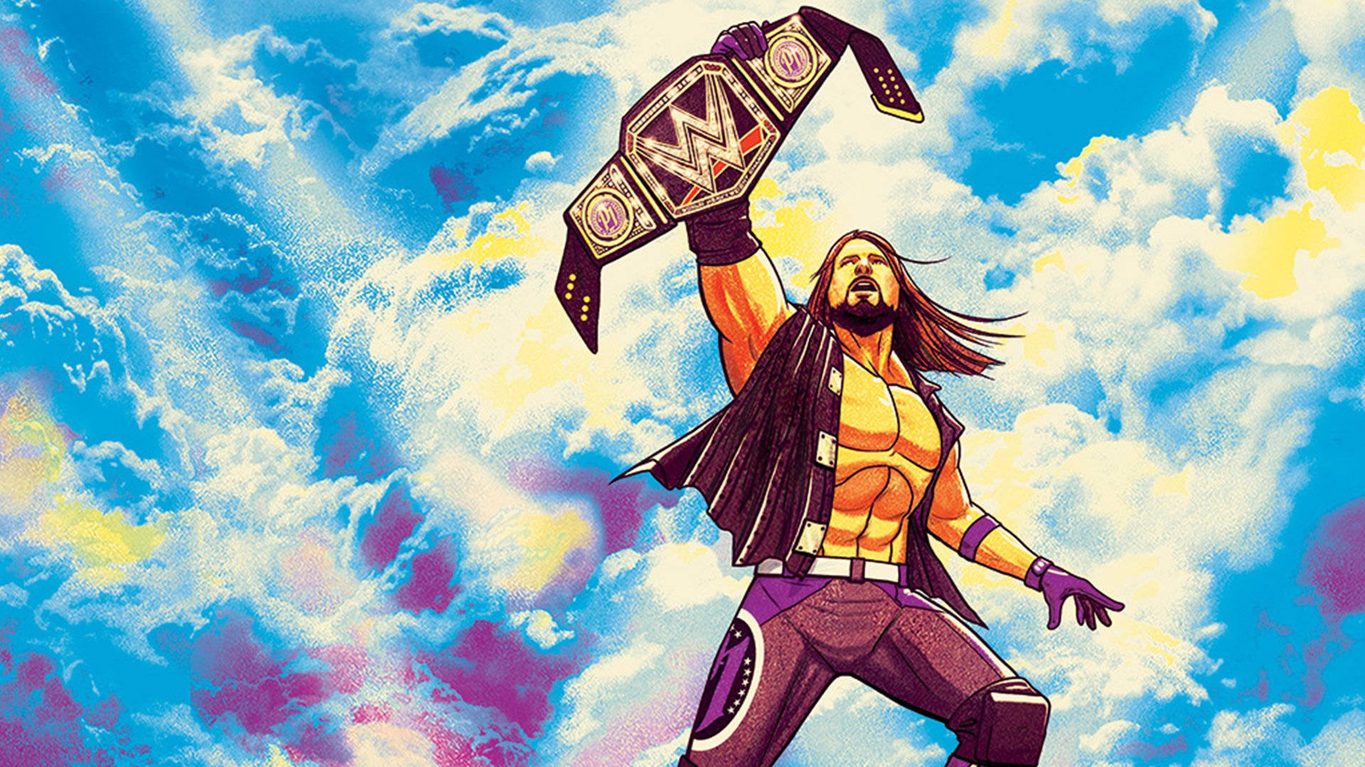 WWE 桌布 壁紙 — 一位肌肉發達的長髮摔角手在藍天白雲和紫黃色調的鮮豔天空下，勝利地高舉WWE冠軍腰帶。