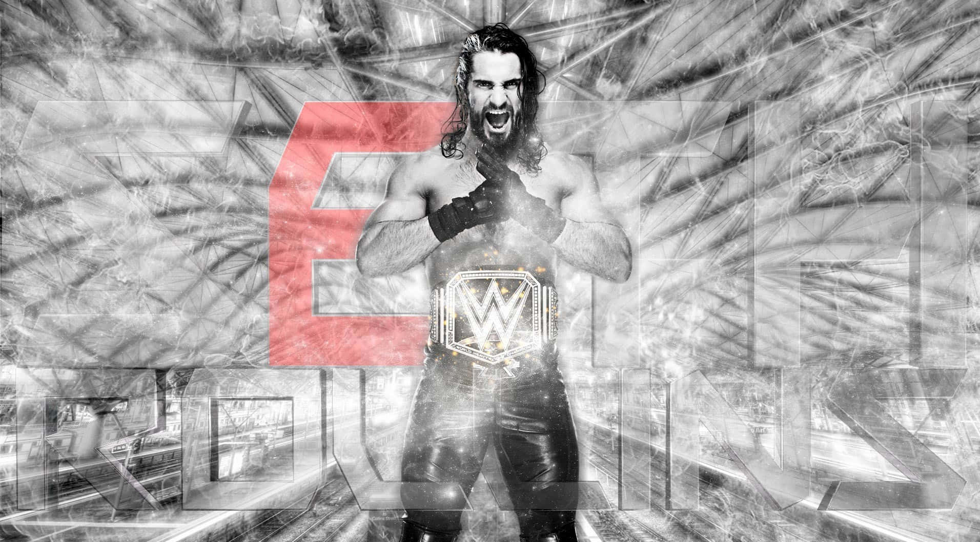 WWE 桌布 壁紙 — 一位肌肉發達的長髮摔角手戴著冠軍腰帶，在碎玻璃背景和紅色 'E' 疊加層中咆哮。