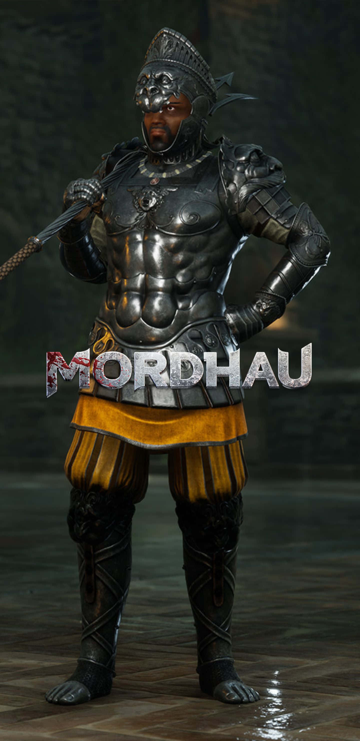 Pixel 3xl Mordhau 桌布 壁紙 — 一位肌肉發達的騎士身穿精緻的銀色盔甲和黃色裙子，自信地站在光線昏暗的石廳中，手持一把劍。