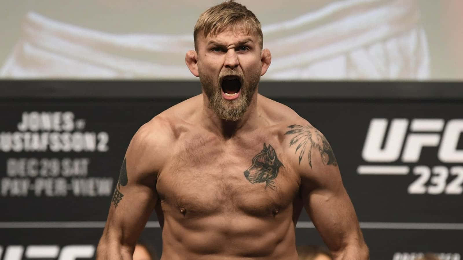UFC 桌布 壁紙 — 一位肌肉發達的鬍鬚鬥士在UFC賽事中，身後有冠軍旗幟，激烈地咆哮。