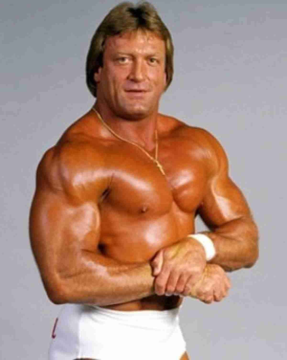 WWE 桌布 壁紙 — 一位肌肉線條分明的男士自信地穿著白色摔角褲，在純灰色背景前擺姿勢。
