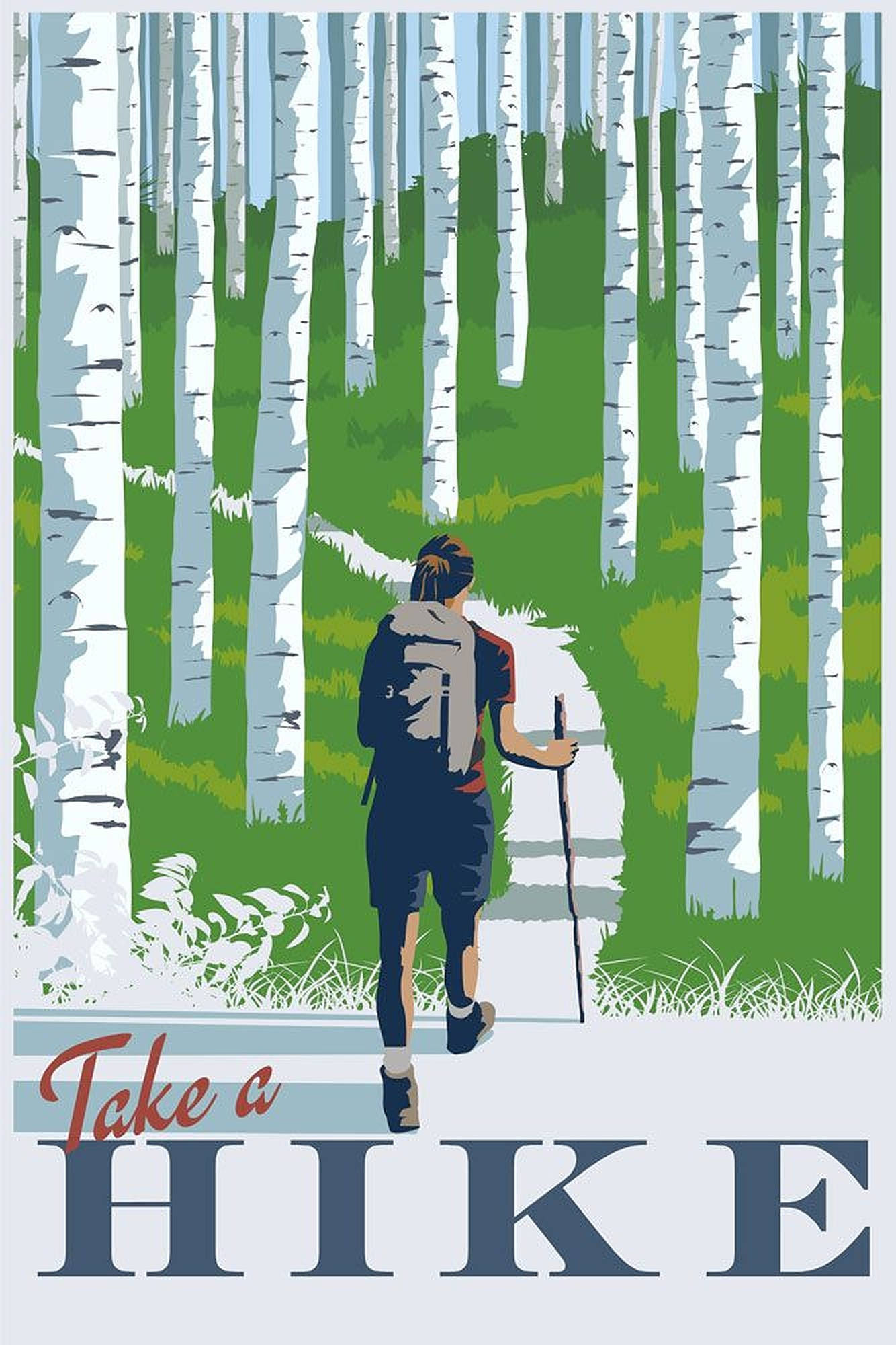 登山 桌布 壁紙 — 一位背著背包、拿著登山杖的遠足者，沿著小徑穿過茂密的白樺林。