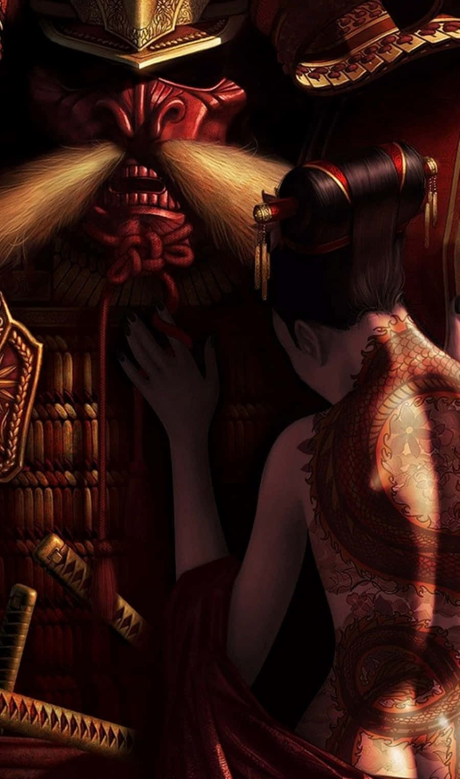 Shogun 桌布 壁紙 — 一位背部有精緻龍紋身的女性，在燈光昏暗、裝飾華麗的房間裡輕輕觸摸傳統的日本鬼面具。