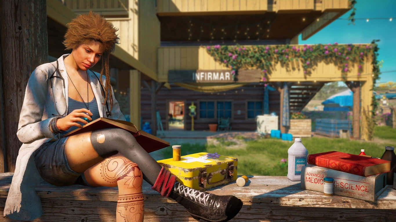 1366x768 Far Cry New Dawn 桌布 壁紙 — 一位腿部有刺青的女士坐在木長椅上，在明亮的日光下閱讀一本書，旁邊有醫療用品。