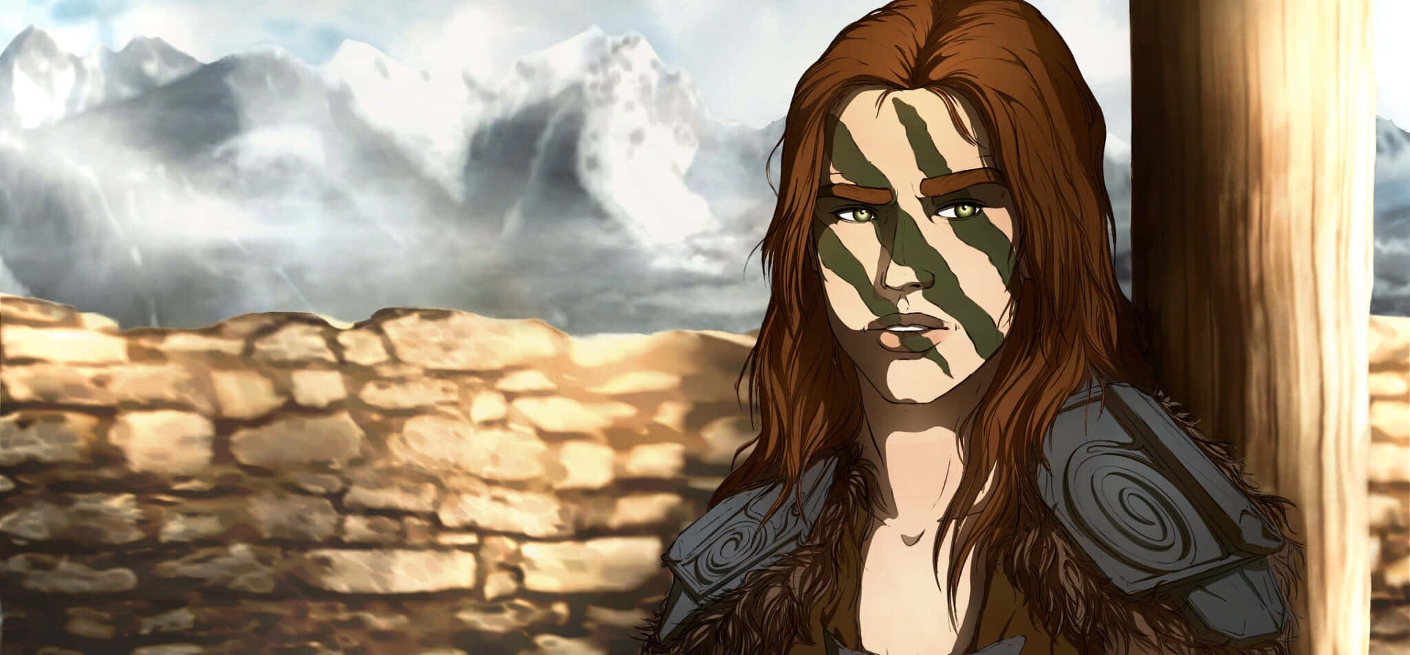 Aela The Huntress 桌布 壁紙 — 一位臉上塗有綠色顏料的兇猛女戰士站在石牆旁，背景是白雪皚皚的山脈。