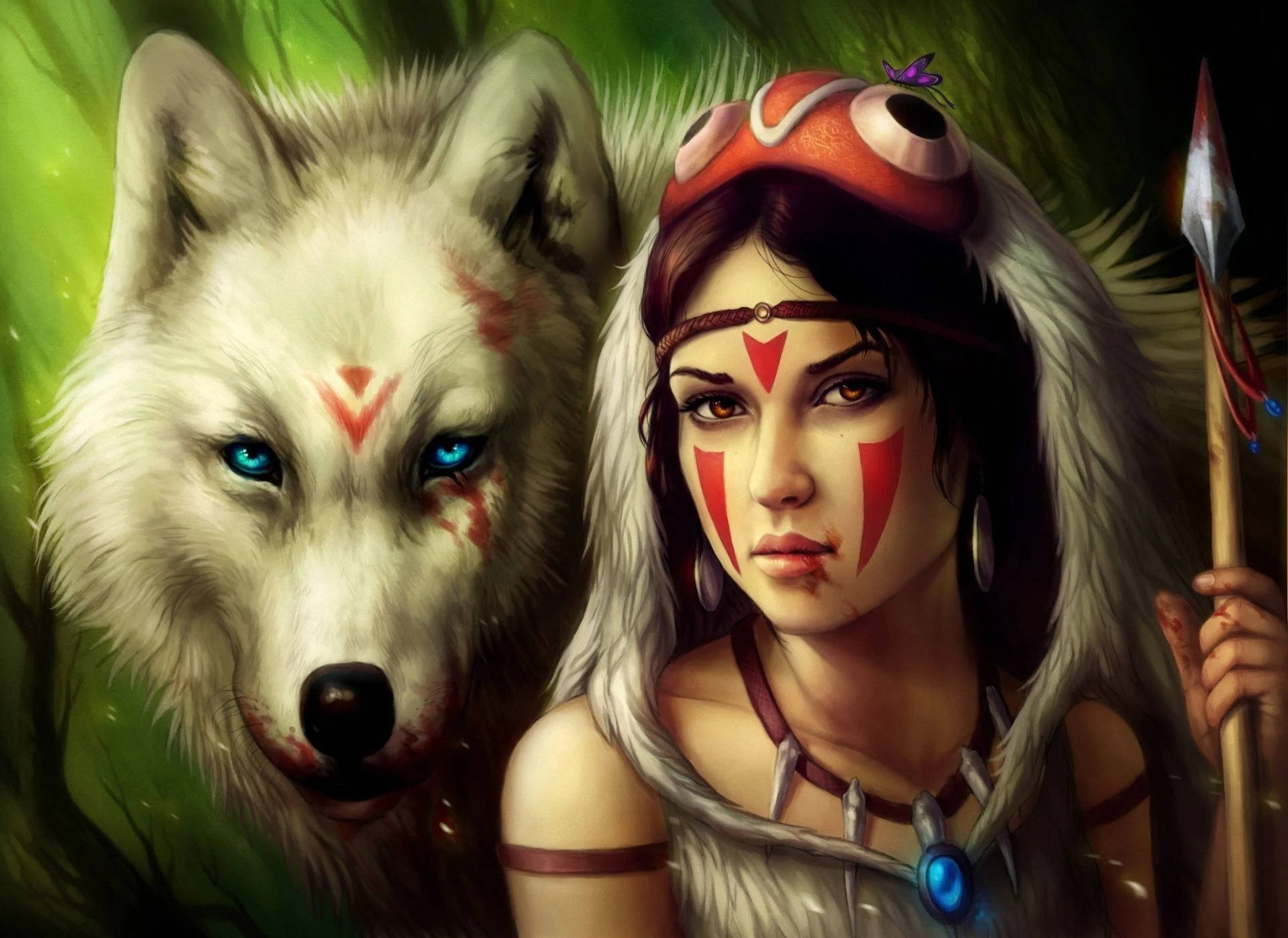 Wolf Girl 桌布 壁紙 — 一位臉上塗著紅色顏料的兇猛女戰士，站在一頭藍眼白狼旁邊，身處茂密的綠色森林中。