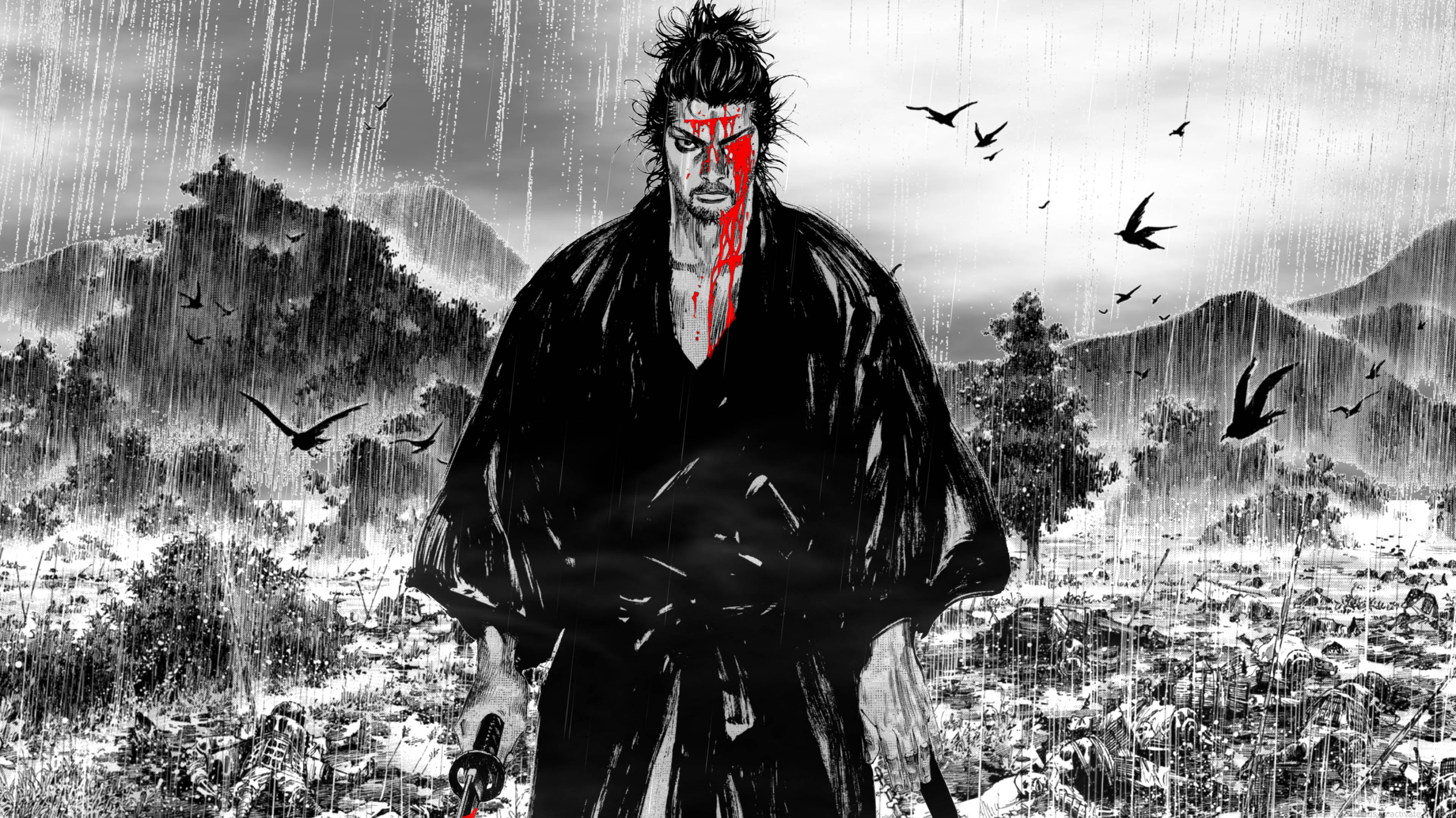 漫畫分鏡 桌布 壁紙 — 一位臉上沾滿鮮血的武士戰士，在單色雨中站在戰場上，頭頂有鳥兒飛過。