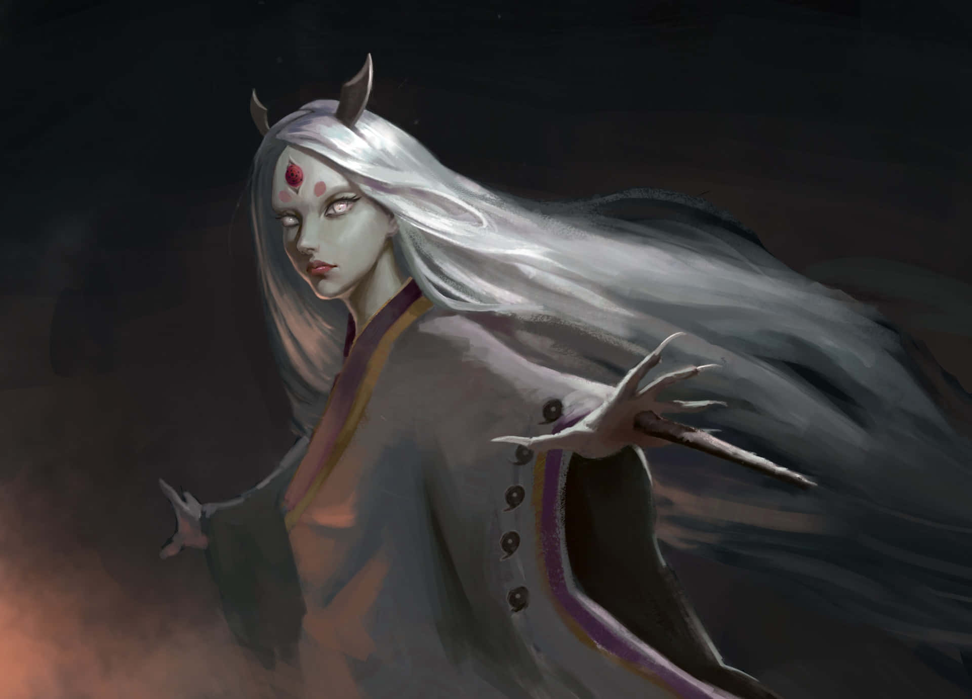 Kaguya Otsutsuki 桌布 壁紙 — 一位臉色蒼白、白髮有角的動漫女巫在黑暗迷霧環境中施展法術。