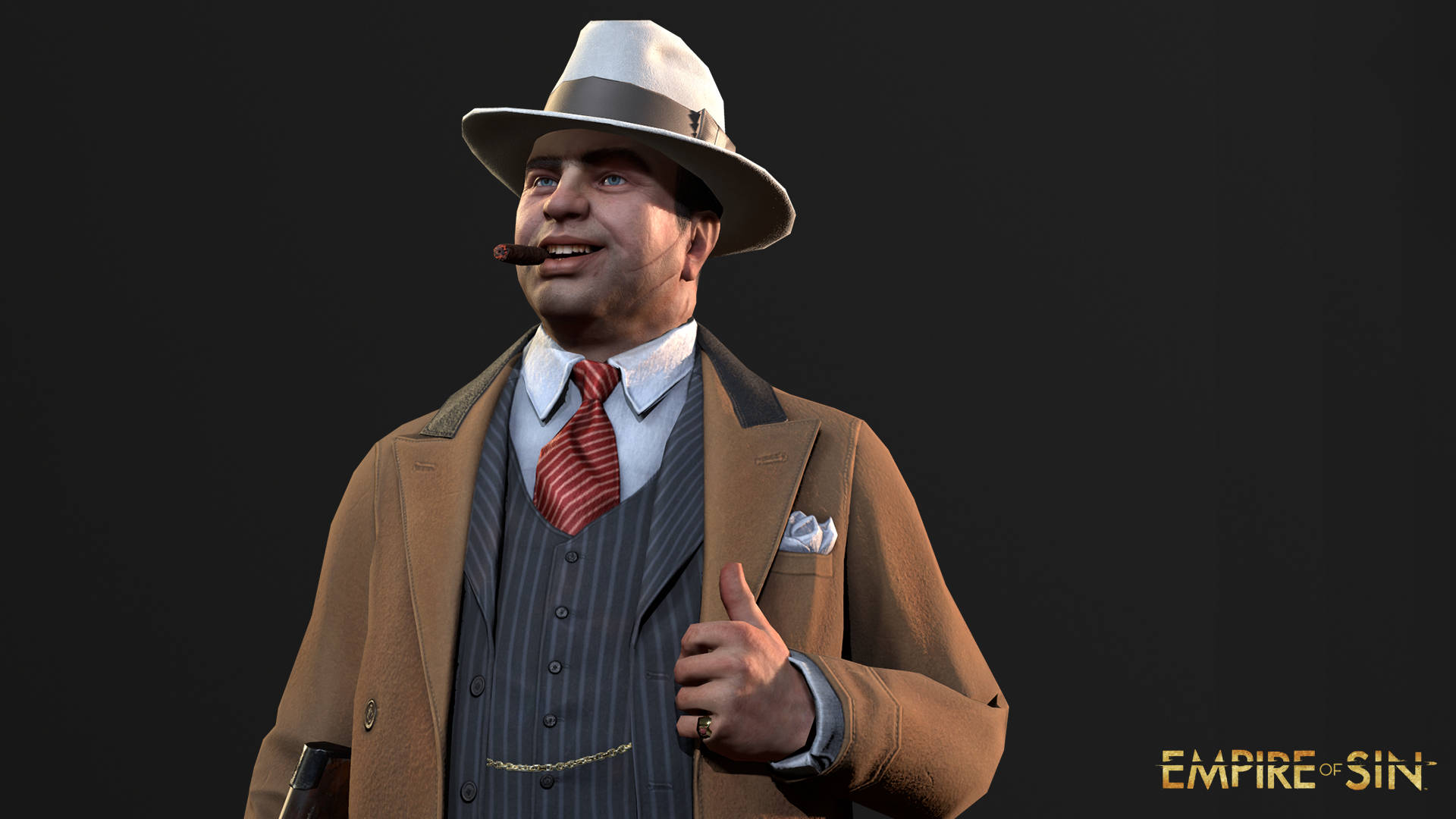 Capone 桌布 壁紙 — 一位自信的1920年代黑幫，身穿棕色大衣和費多拉帽，在深色背景下豎起大拇指，手持雪茄。