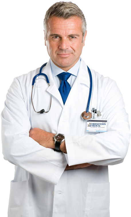 Medical 桌布 壁紙 — 一位自信的中年男醫生，身穿白色實驗室外套，掛著聽診器和名牌，在純色背景前交叉雙臂站立。
