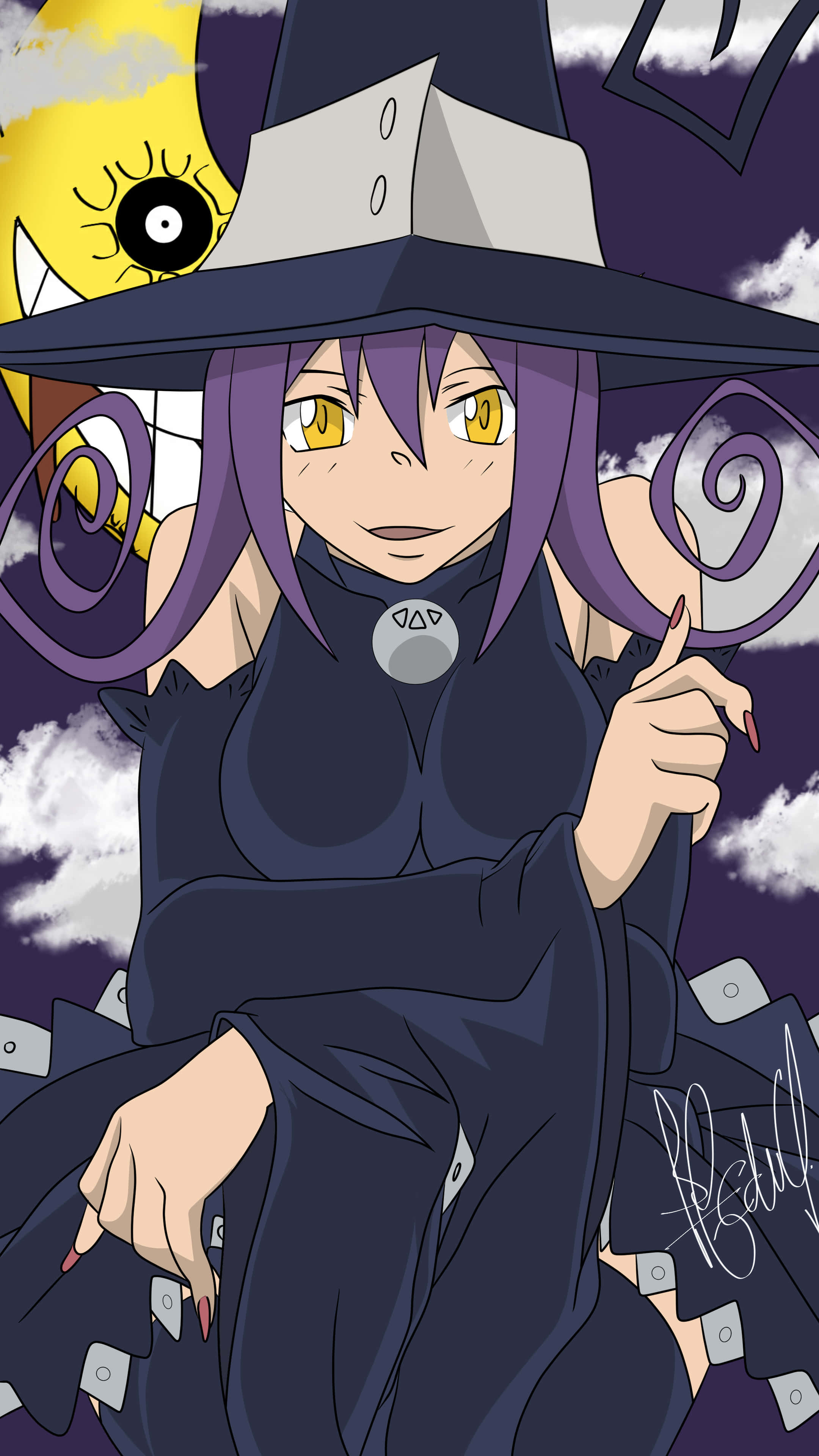 Soul Eater 桌布 壁紙 — 一位自信的動漫女巫，紫色頭髮，黃色眼睛，在暴風雨的天空下向前指，背景有微笑的太陽和漂浮的卡片。
