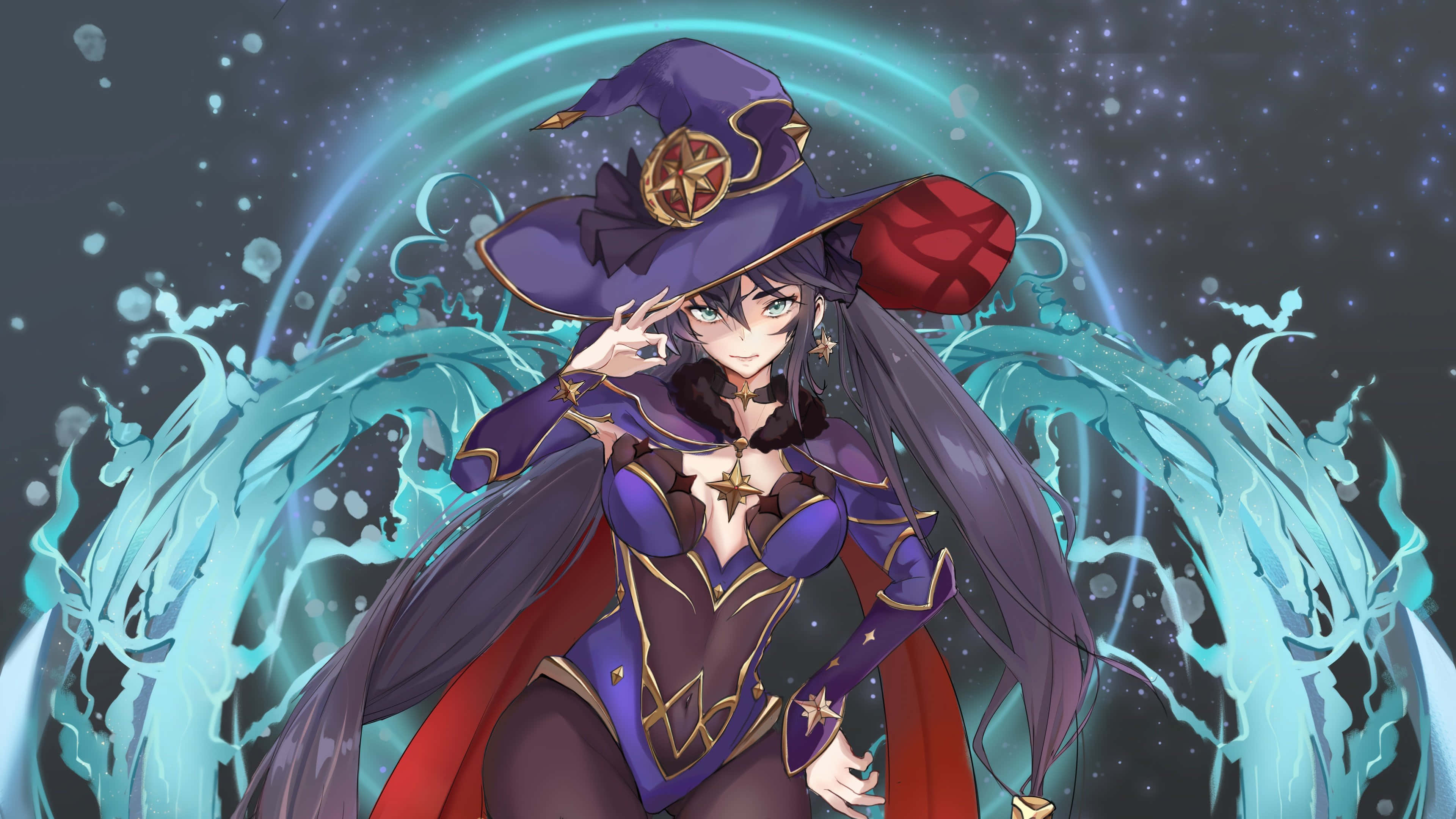 Genshin Impact Mona 桌布 壁紙 — 一位自信的動漫女巫穿著紫色和紅色的長袍，站在閃爍的青色魔法弧線前，背景是星空夜空。