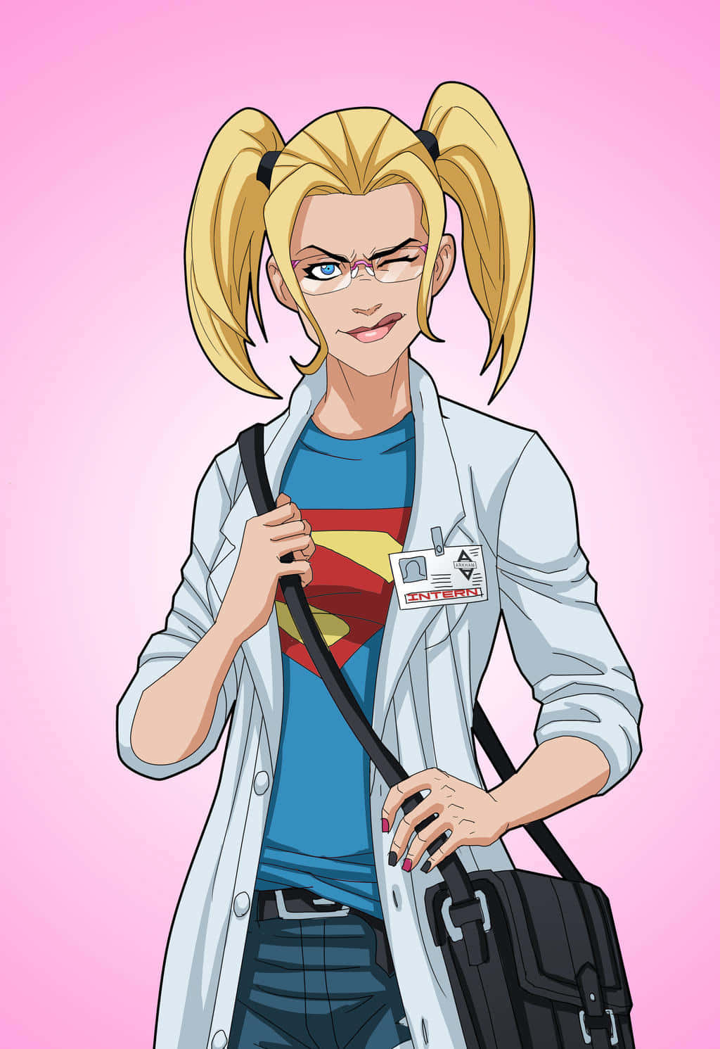 Harleen Quinzel 桌布 壁紙 — 一位自信的動漫女性，金色雙馬尾和眼鏡，在粉紅色背景上穿著實驗室外套，內搭超人襯衫。