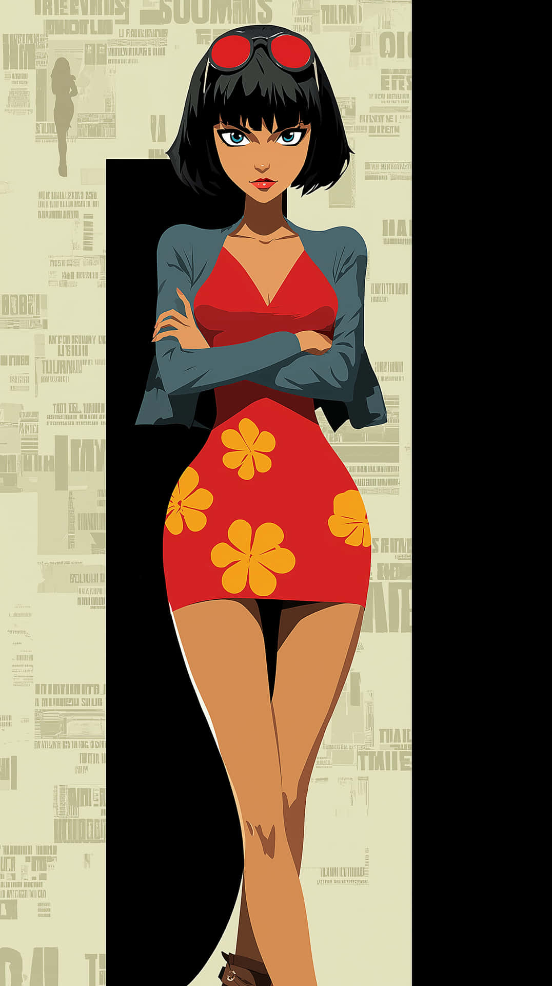 Playful Anime Art with Retro Vibes 壁紙 — 一位自信的動漫女性，黑色鮑伯頭，紅色太陽眼鏡掛在頭上，雙手交叉站立，穿著紅色花卉迷你裙和藍色外套，背景是米色報紙拼貼。