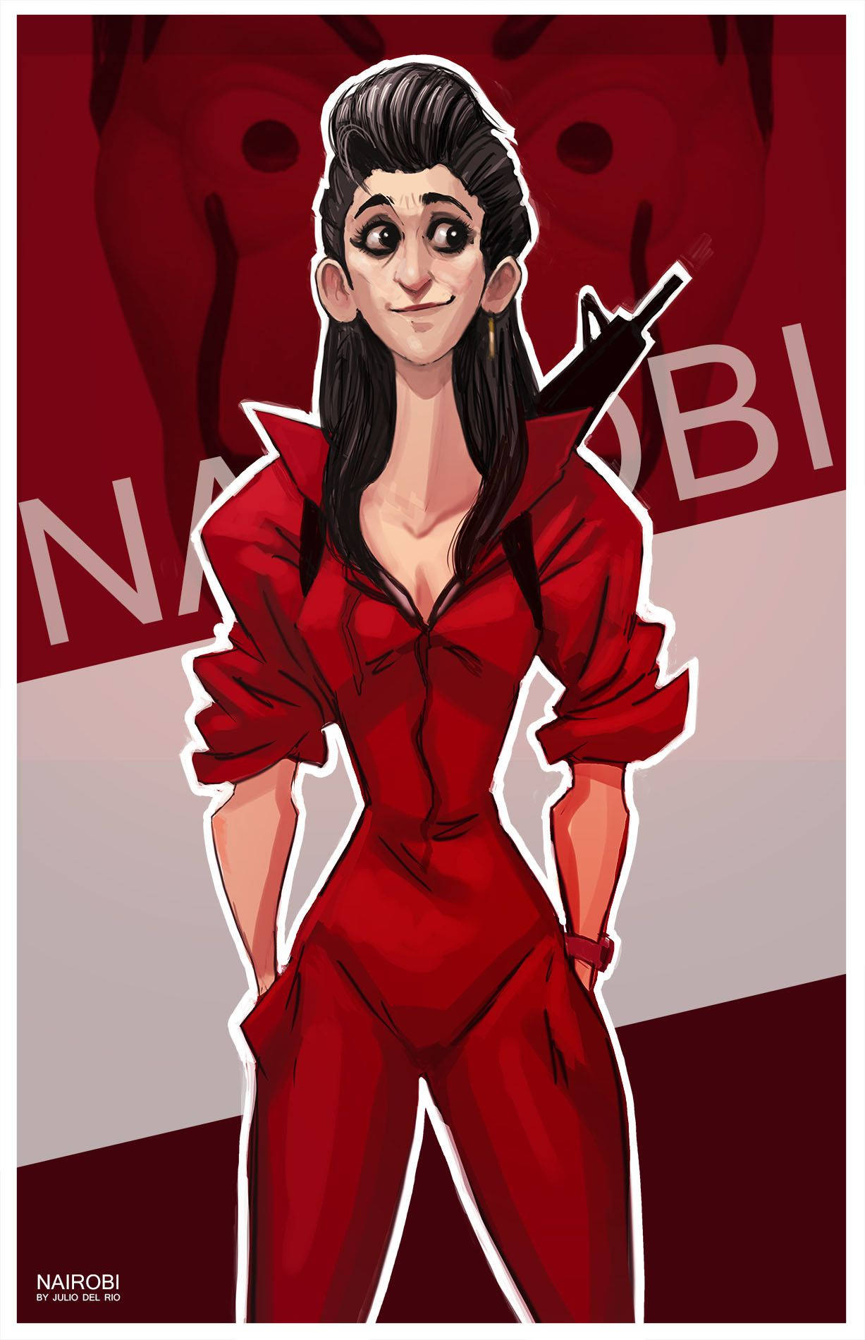 Cartoon 桌布 壁紙 — 一位自信的動漫女性穿著紅色連身衣，在鮮明的紅色和灰色背景前持槍擺姿勢。