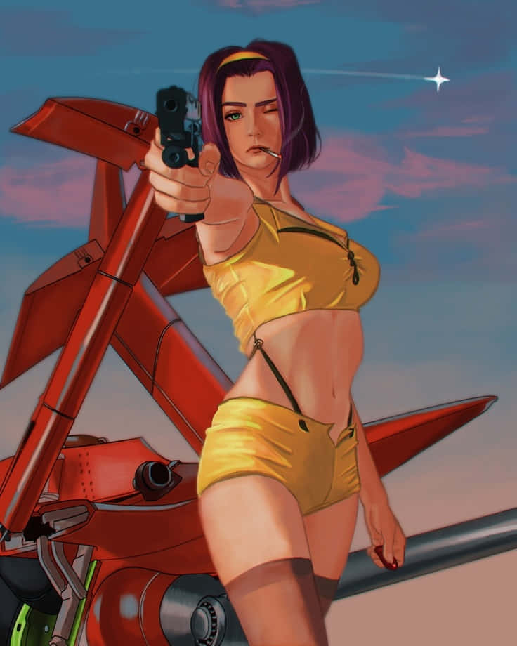 Faye Valentine 桌布 壁紙 — 一位自信的動漫女性穿著黃色比基尼，在暮色天空下站在紅色機甲旁，手持手槍瞄準。