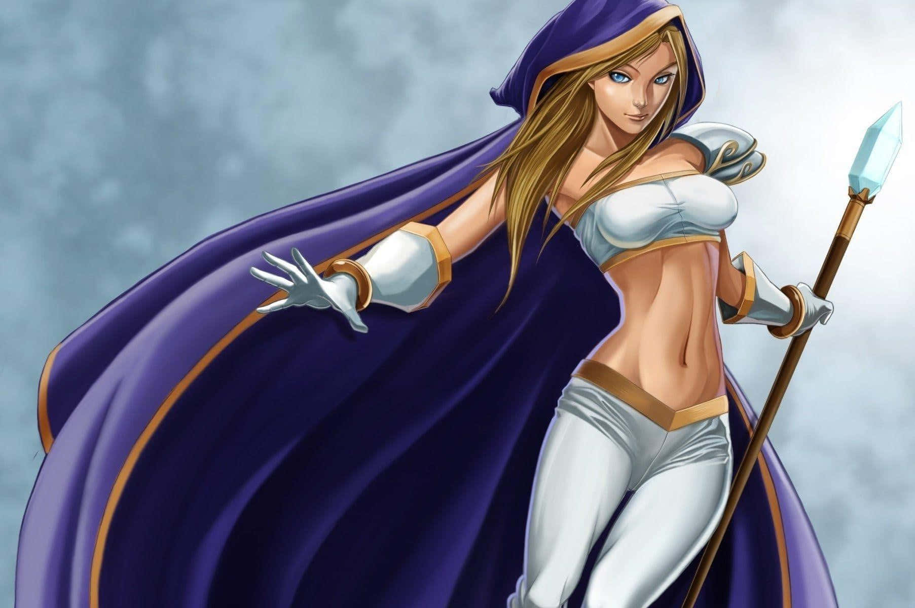 Crystal Maiden 桌布 壁紙 — 一位自信的動漫女戰士，身穿飄逸的紫色連帽斗篷和白色盔甲，在陰雲密佈的天空下揮舞著發光的長矛。