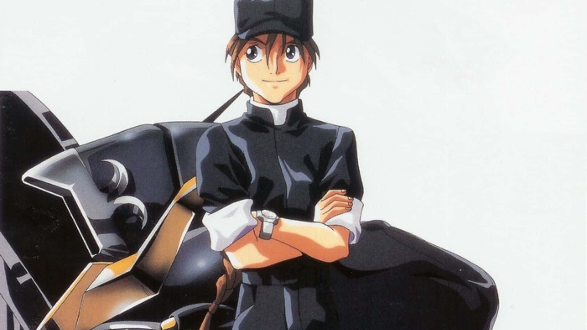Duo Maxwell 桌布 壁紙 — 一位自信的動漫廚師身穿黑色制服，雙臂交叉站在時尚的黑金機甲旁邊。