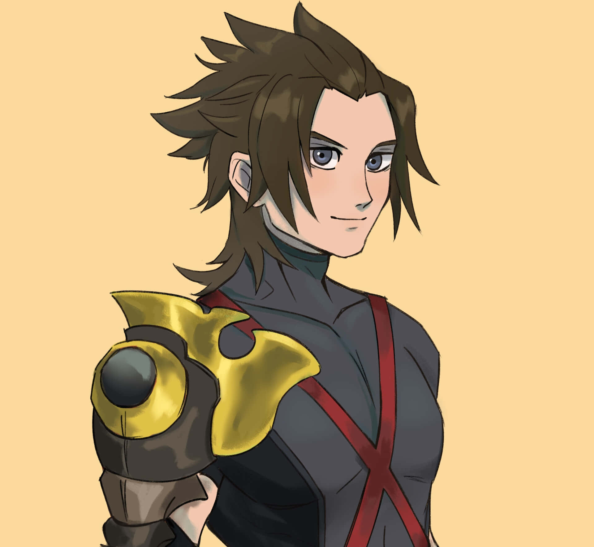 Kingdom Hearts Terra 桌布 壁紙 — 一位自信的動漫戰士，有著刺狀棕色頭髮和金色肩甲，在溫暖的米色背景前微笑。
