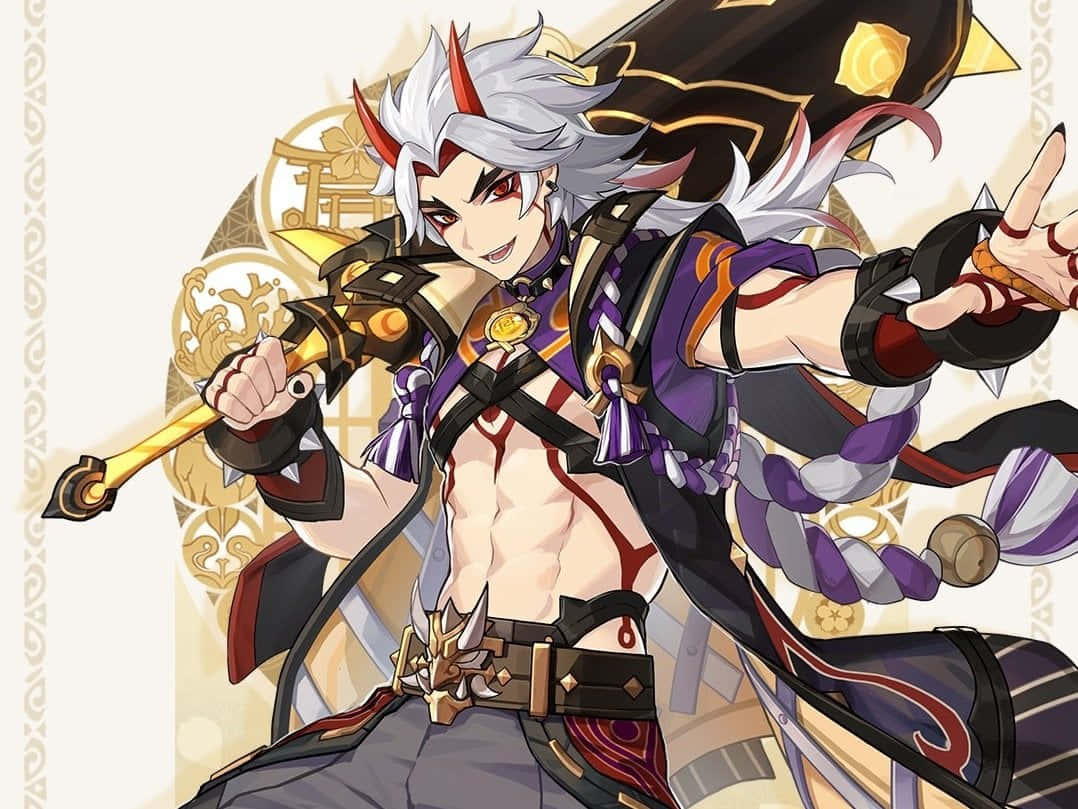Genshin Impact 4K 桌布 壁紙 — 一位自信的動漫戰士，白髮紅角，在金色華麗背景下揮舞金色武器。