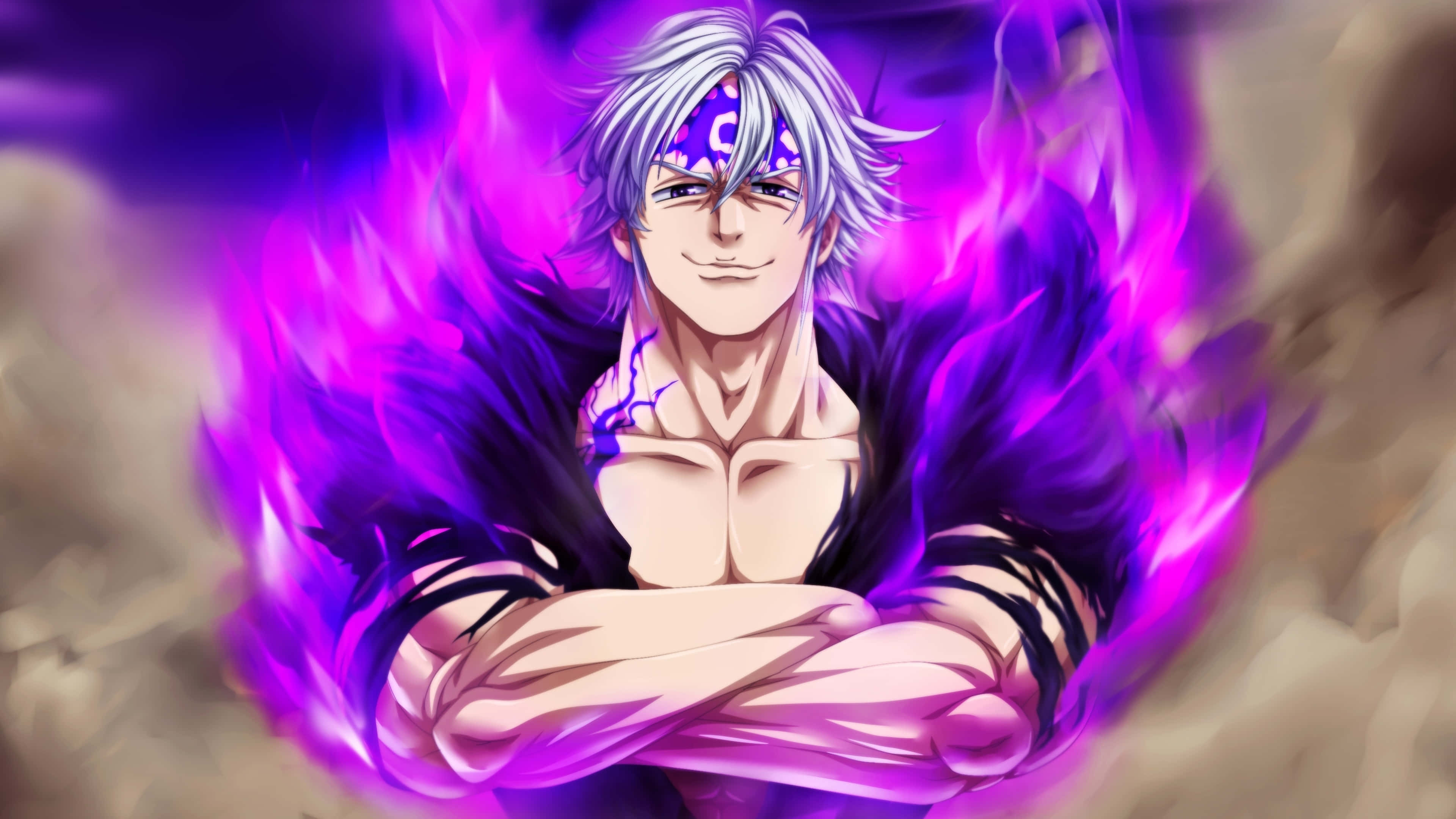 Seven Deadly Sins 4K 桌布 壁紙 — 一位自信的動漫戰士，銀色頭髮，紫色火焰在他周圍散發，雙手交叉站立在煙霧繚繞的背景前。