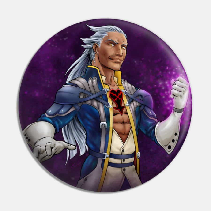 Ansem Seeker Of Darkness 桌布 壁紙 — 一位自信的動漫戰士，銀色頭髮，胸前有紅色心形標誌，站在閃爍的紫色宇宙背景前。