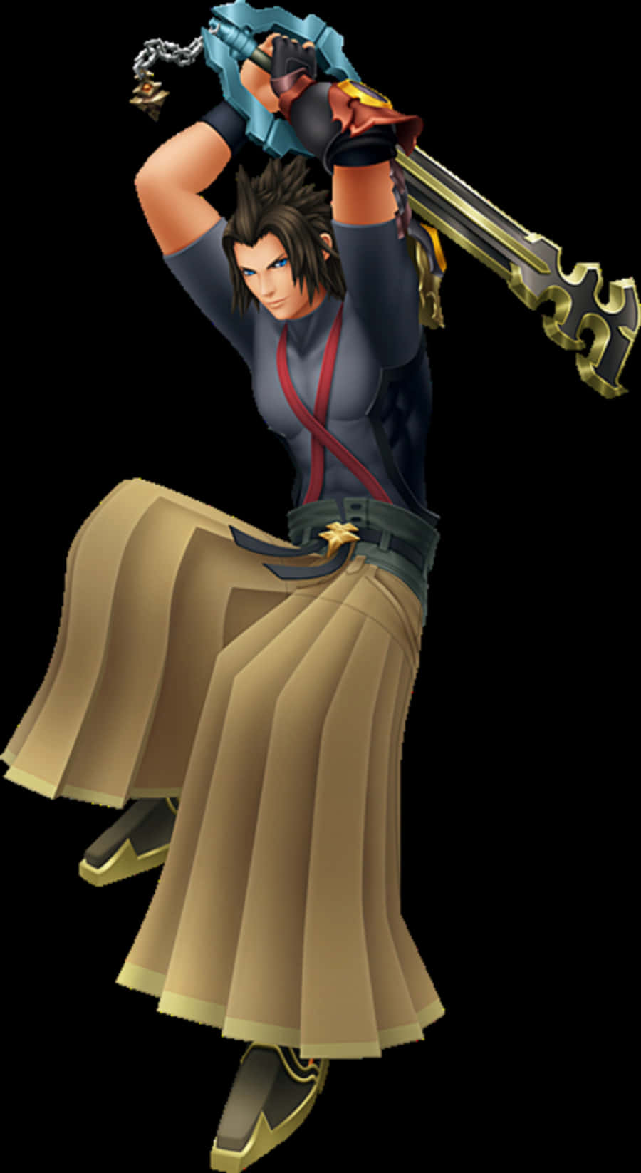 Kingdom Hearts Terra 桌布 壁紙 — 一位自信的動漫戰士身穿深藍色和米色服裝，在黑色背景上將一把巨大的華麗鑰刃高舉過頭頂。