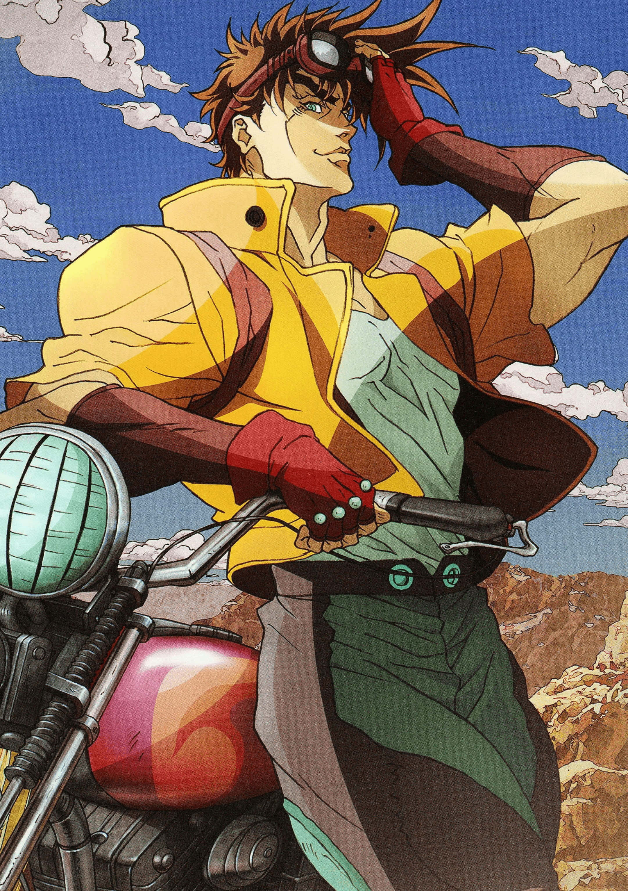 Battle Tendency 桌布 壁紙 — 一位自信的動漫機車騎士穿著黃色外套，在藍天白雲下調整護目鏡。