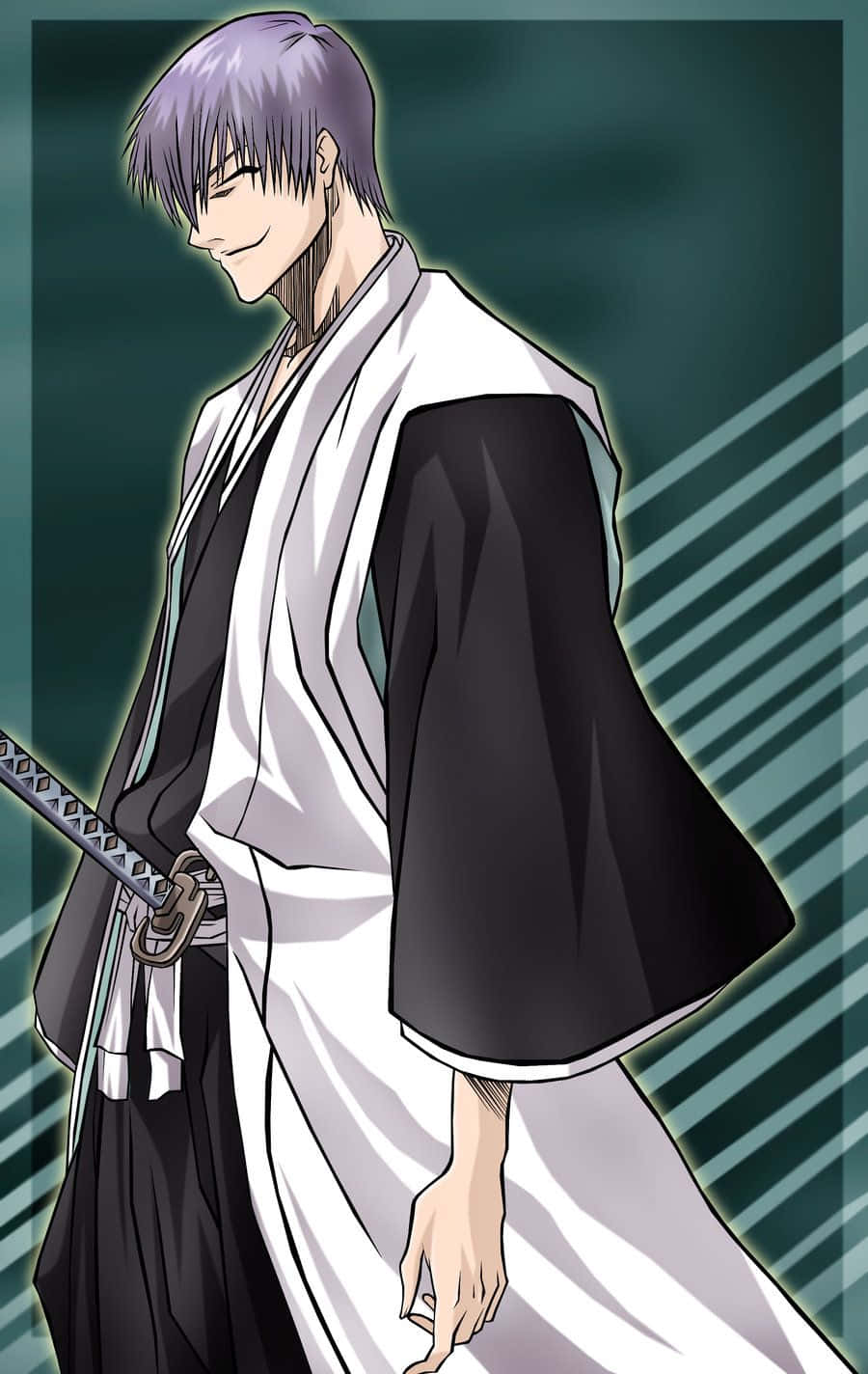 Gin Ichimaru 桌布 壁紙 — 一位自信的動漫武士，紫色頭髮，手持武士刀，在深綠色條紋背景上微笑。