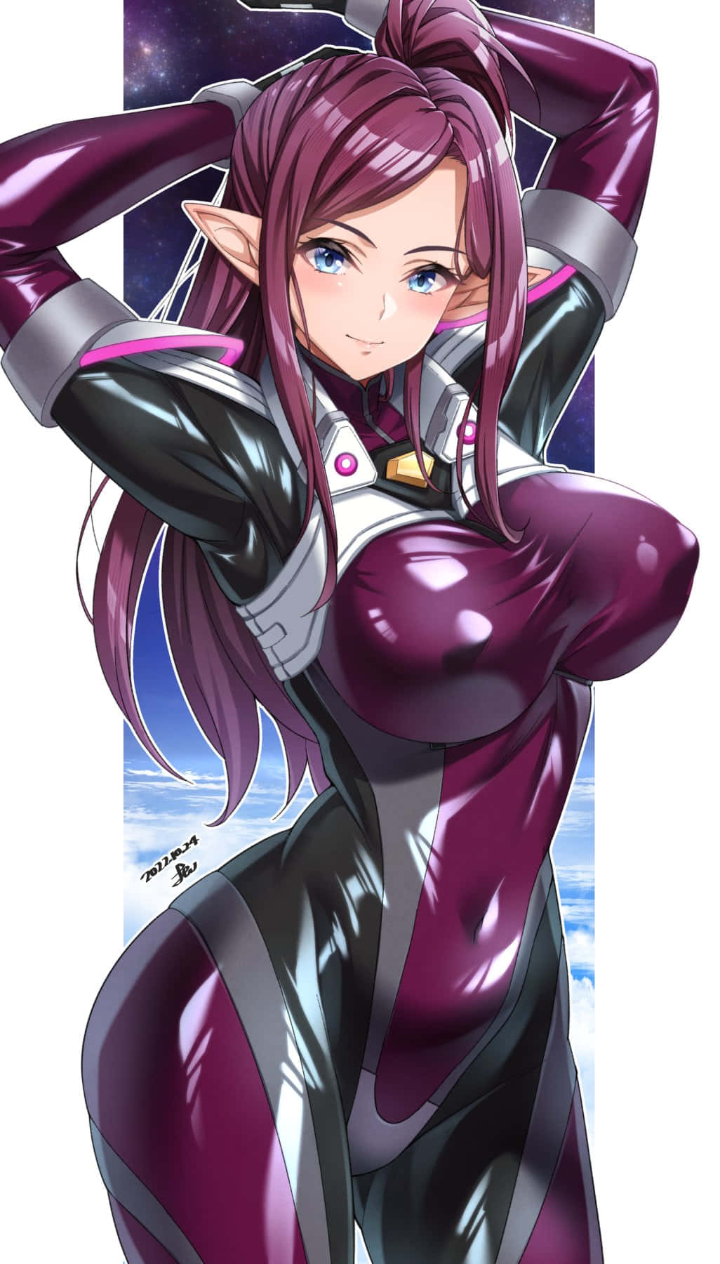 Macross Delta 桌布 壁紙 — 一位自信的動漫精靈女性，擁有紫色頭髮和發光的眼睛，穿著時尚的未來主義套裝，在宇宙天空背景下擺姿勢。