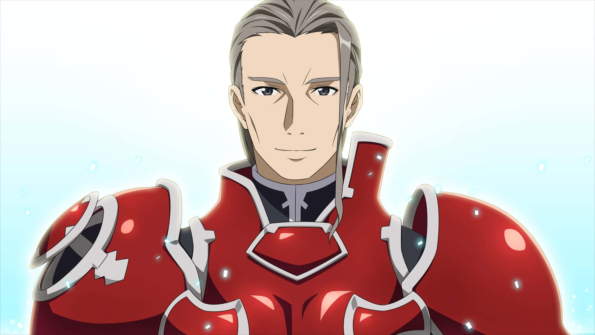 Sword Art Online Heathcliff 桌布 壁紙 — 一位自信的動漫騎士，身穿紅色和銀色盔甲，站在柔和的藍色發光背景前。