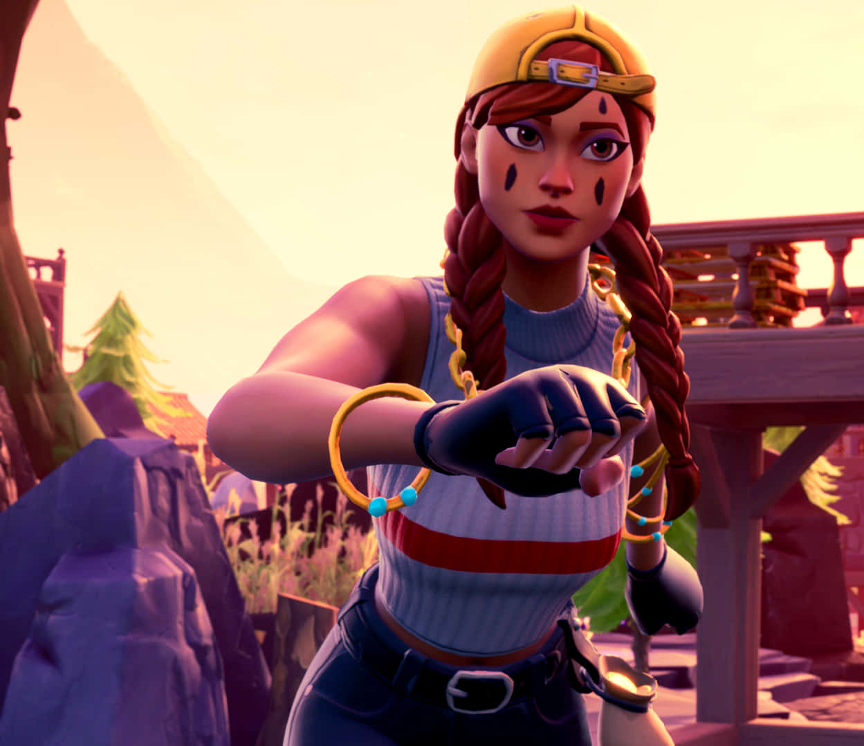 Fortnite 桌布 壁紙 — 一位自信的動畫冒險家，梳著辮子並佩戴金色飾品，站在陽光普照的戶外場景中。