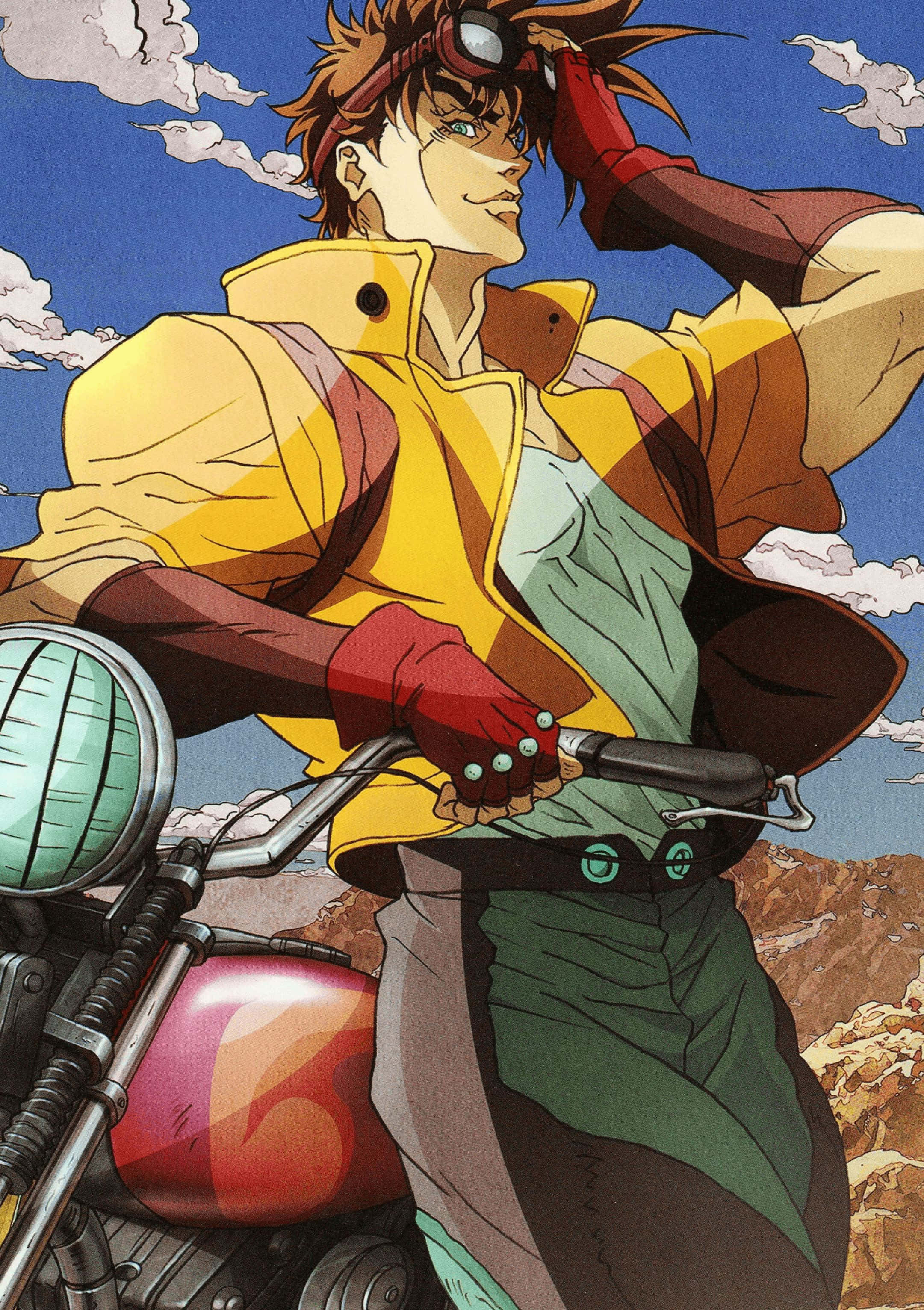 Jonathan Joestar 桌布 壁紙 — 一位自信的動畫摩托車手，身穿黃色外套和紅色手套，在藍天白雲下調整護目鏡。
