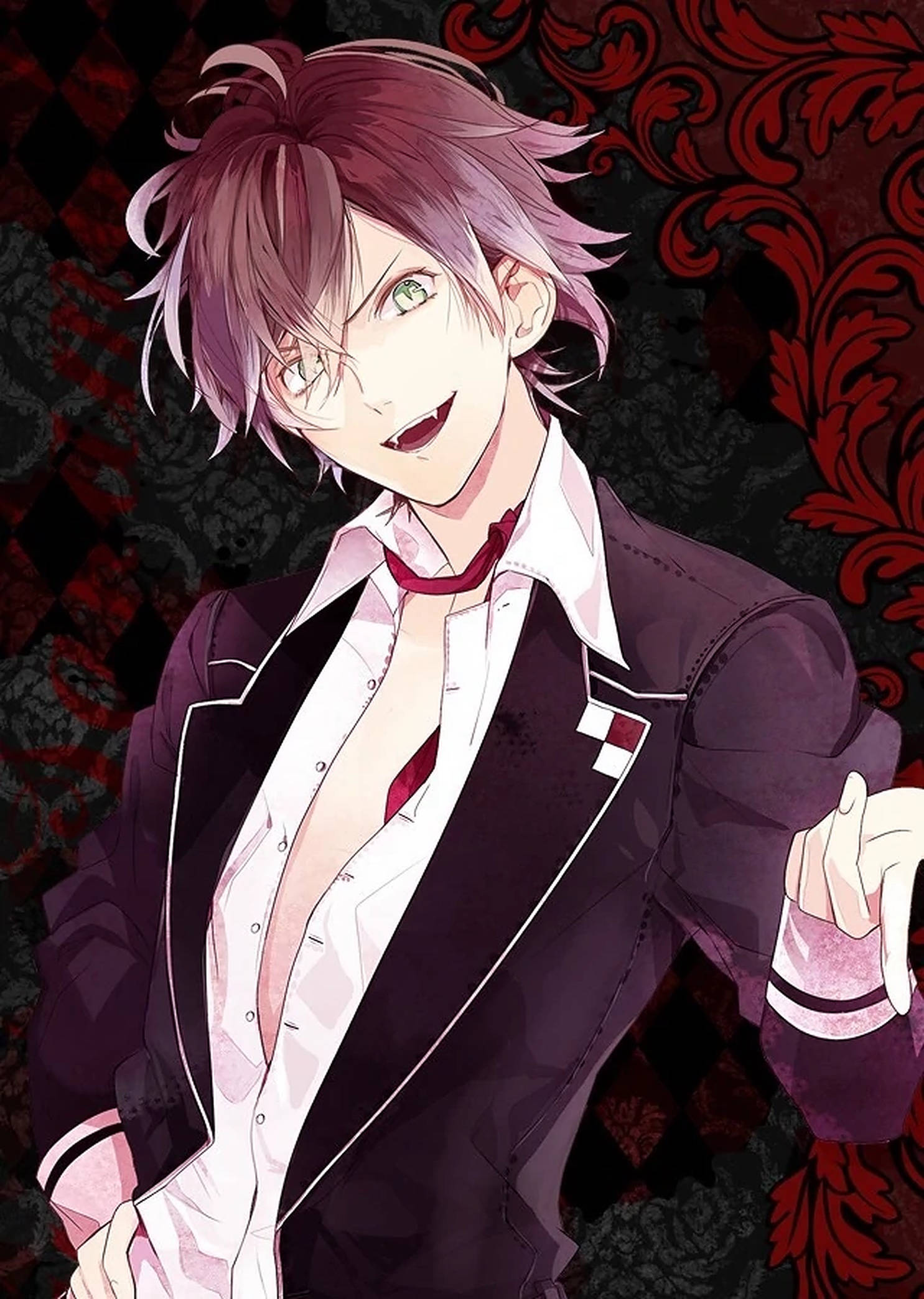 Diabolik Lovers 桌布 壁紙 — 一位自信的動畫男性，擁有粉紅色頭髮和綠色眼睛，穿著時尚的黑色西裝，在紅色和黑色華麗背景前微笑。