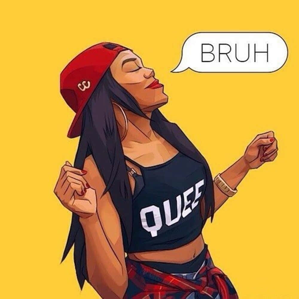 meme 桌布 壁紙 — 一位自信的女人戴著紅色帽子並穿著 'QUEE' 上衣，在純黃色背景上與一個寫著 'BRUH' 的對話氣泡一起笑。