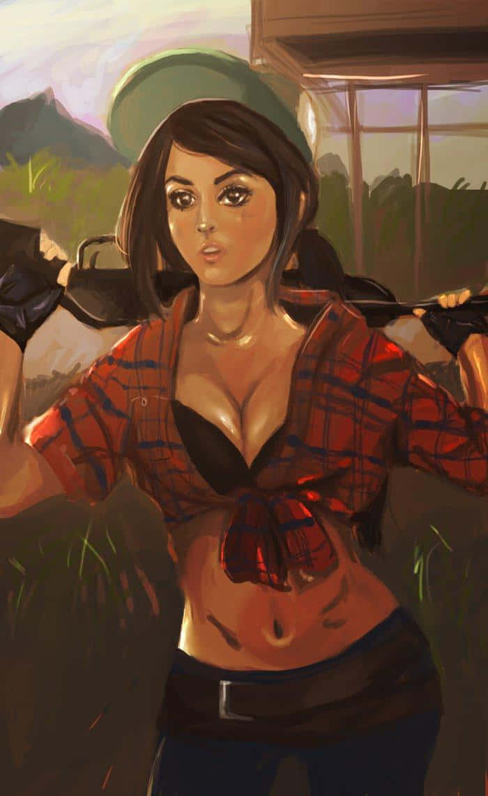 遊戲 桌布 壁紙 — 一位自信的女人穿著紅色格紋襯衫和綠色帽子，在戶外持步槍，背景是山脈。