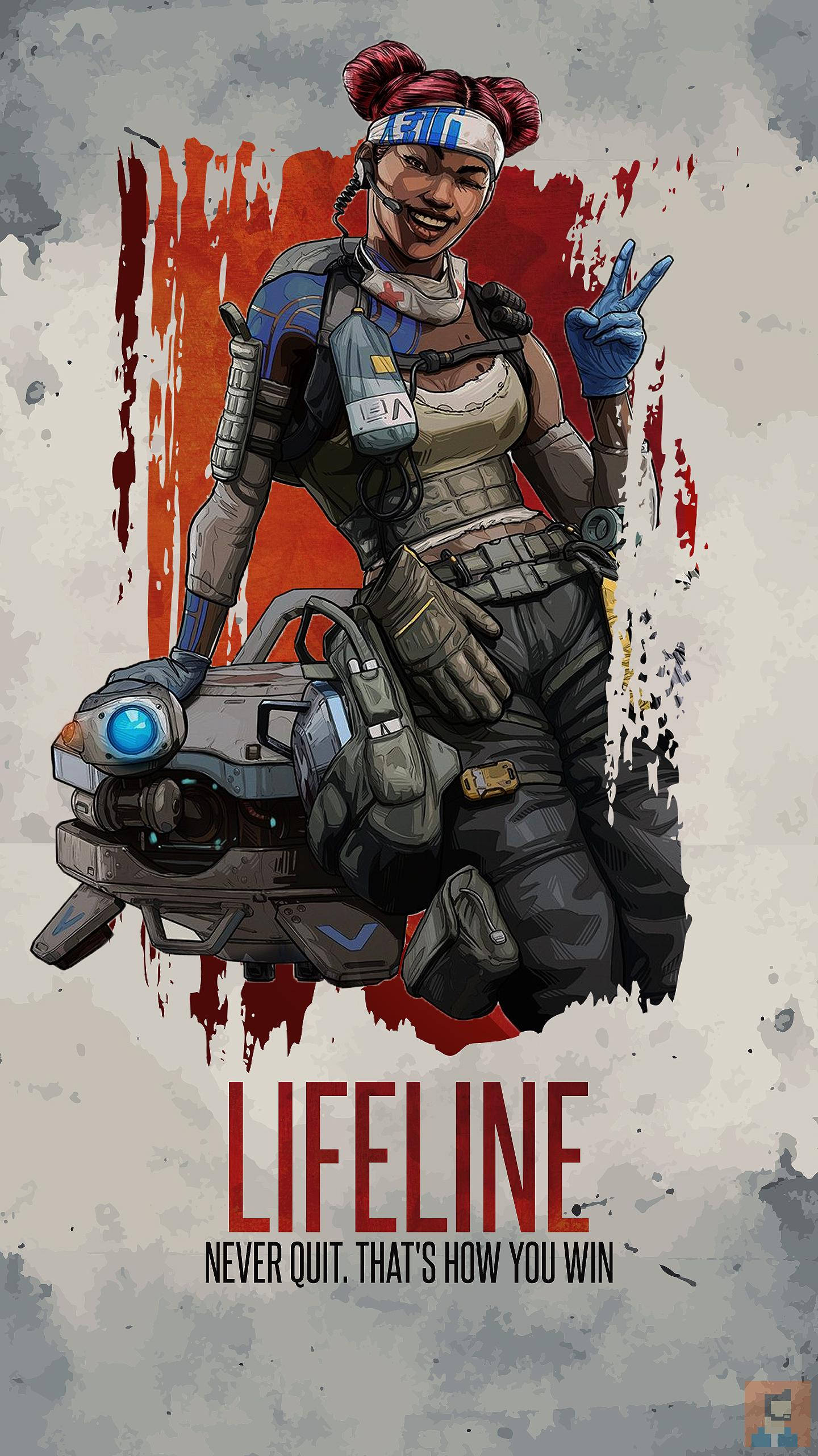 Apex Legends Mobile 桌布 壁紙 — 一位自信的女兵穿著戰術裝備，微笑著手持未來武器，背景是粗糙的紅色和灰色飛濺圖案。