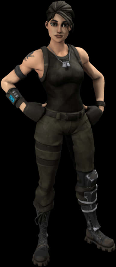 Fortnite Default Skin 桌布 壁紙 — 一位自信的女兵穿著戰術裝備，雙手叉腰站在黑色背景前。