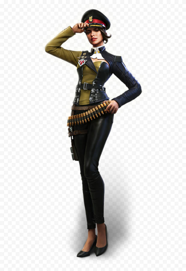 free fire 4K 桌布 壁紙 — 一位自信的女兵穿著精細的軍服，一手敬禮，另一手持彈藥帶。