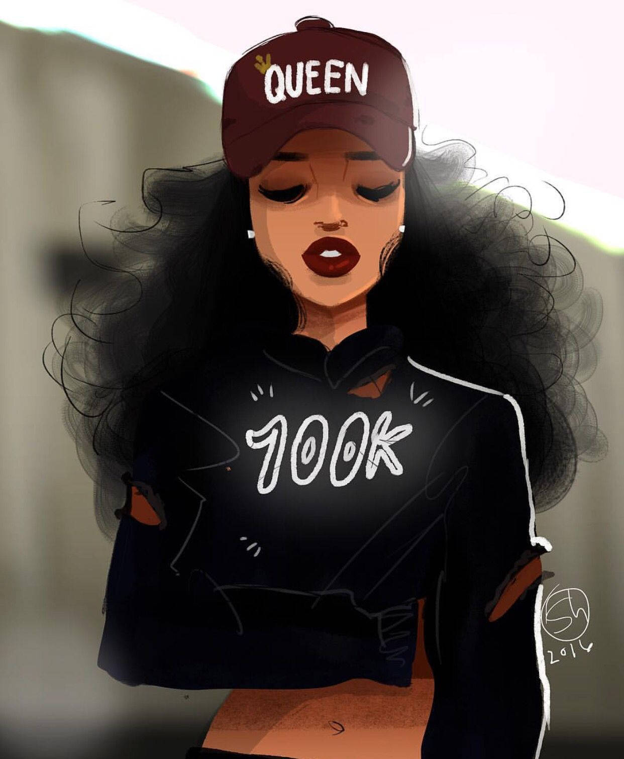Black Girl 桌布 壁紙 — 一位自信的女性，擁有豐盈的捲髮，戴著 'QUEEN' 帽，穿著 'TOOK' 連帽衫，在風格化的數位插圖中。